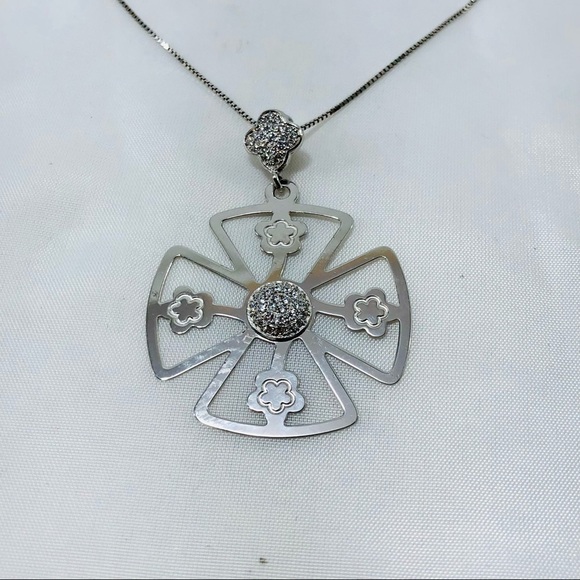 925 Sterling Silver Necklace Chain 19” Big Pendant White CZ Turkish Handmade - Picture 1 of 9